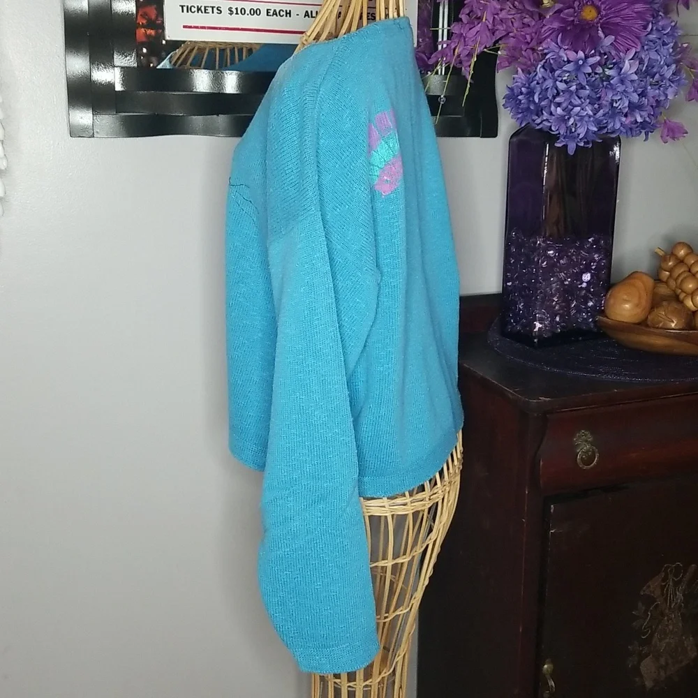 Large Aqua Blue Handpainted Fish Long Sleeve Light Knit Cotton Sweater - Picture 2 of 9